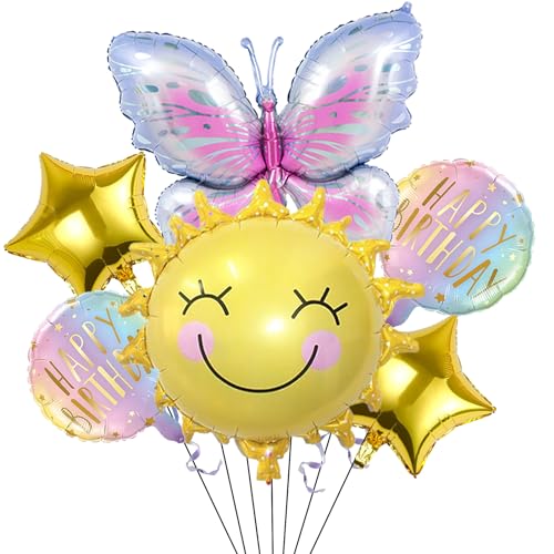 Sonne Schmetterling Deko Geburtstag Folienballon,6 Stück Geburtstagsdeko Schmetterling Luftballon,Schmetterlinge Deko Geburtstag Mädchen,Luftballons Geburtstag für Babyparty,Hochzeit,Taufe Party Deko von DazzJoy