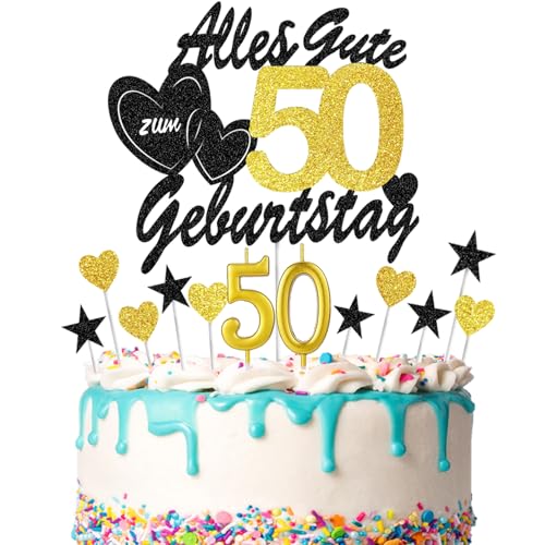 DazzJoy Tortendeko 50 Geburtstag Mann Frau,13 Stück Kuchendeko Alles Gute zum 50 Geburtstag Deko,Happy 50th Birthday Cake Topper 50 Geburtstag mit Geburtstagskerze,Torten Topper 50. Geburtstag von Dazzjoy