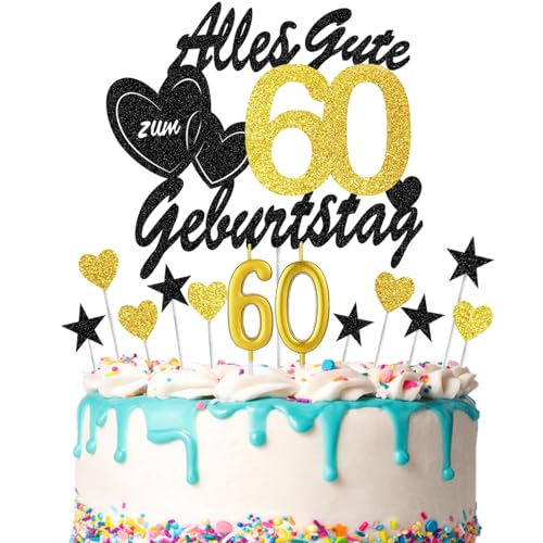 DazzJoy Tortendeko 60 Geburtstag Mann Frau,13 Stück Cake Topper 60 Geburtstag mit Geburtstagskerze 60,Kuchendeko 60 Geburtstag,Alles Gute zum 60 Geburtstag Deko,Glitzer Torten Topper 60 Geburtstag von Dazzjoy