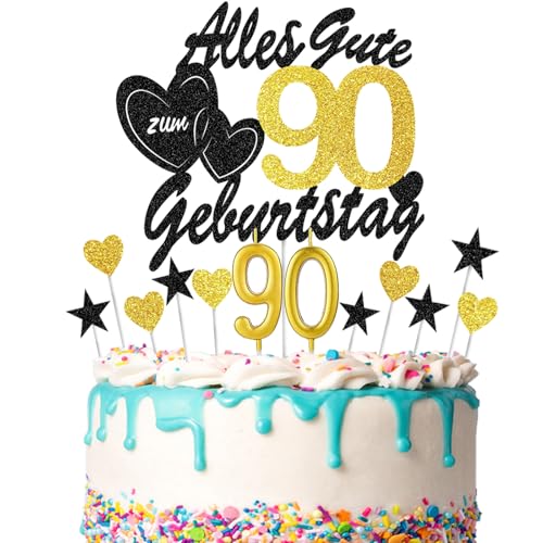 DazzJoy Tortendeko 90. Geburtstag Mann Frau,13 Stück Cake Topper 90 Geburtstag Deko mit Geburtstagskerze,Alles Gute zum 90 Geburtstag Topper,Glitzer Kuchendeko 90 Geburtstag,Torten Deko 90 Geburtstag von Dazzjoy