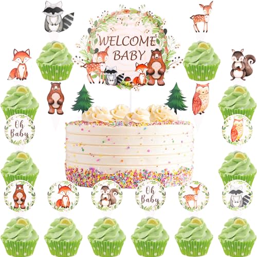 DazzJoy 33 Stück Oh Baby Cake Topper,Muffin Deko Tiere,Waldtiere Babyparty Tortendeko,Oh Baby Deko,Cupcake Topper Baby Shower,Tiere Kuchen Deko von DazzJoy