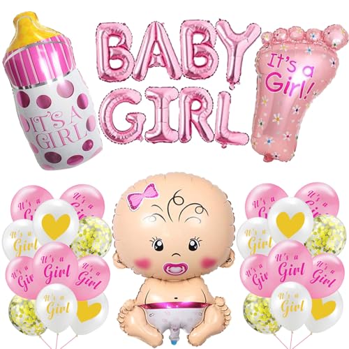 DazzJoy Babyparty Deko Mädchen,Baby Shower Deko Girl Ballons Set,Babyshowerparty Deko Mädchen Folienballon mit Its a Girl Deko Ballon Konfetti Luftballons,Baby Ballon für Gender Reveal,Babyshower Deko von Dazzjoy