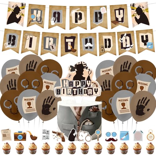 DazzJoy 32 Stück Detektiv Geburtstag Deko Set, Luftballons Detektiv Kindergeburtstag Deko, Dedektivparty Helium Ballons Geburtstag, Happy Birthday Banner, Detective Kuchen Topper Cupcake Toppers von Dazzjoy