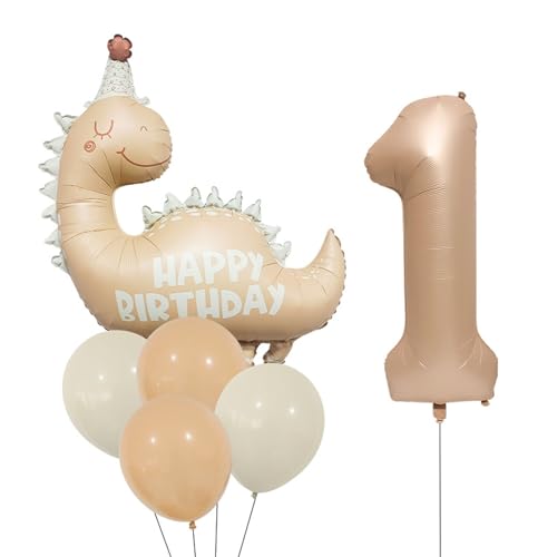 DazzJoy Dino Geburtstagsdeko 1 Jahr Junge, Luftballons Deko 1. Geburtstag Junge, Karamellfarbe Dino Geburtstag Deko Luftballon, Happy Birthday Dinosaurier Folienballon, Erster Kindergeburtstag Deko von DazzJoy