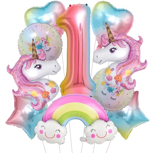 DazzJoy Geburtstagsdeko 1 Jahr Mädchen, Einhorn Luftballon Deko 1. Geburtstag Mädchen, Luftballons Geburtstag 1 Jahr Mädchen, Erster Ballon 1 Geburtstag Mädchen, Folienballon 1 Geburtstag Deko Mädchen von Dazzjoy