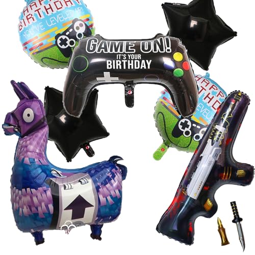 DazzJoy Videospiel Luftballons Geburtstag, 7 Stück Spiel Folienballon, Happy Birthday Ballon, Gamer Geburtstagsdeko Ballons, Lama Lila Spiel Folienballons, Gaming Spielzeug Pistole Kinder Luftballon von Dazzjoy