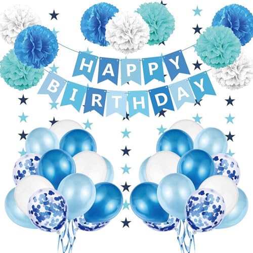 DazzJoy Geburtstagsdeko Blau Weiß,Deko Geburtstag Junge Mädchen,Blau Weiß Konfetti Ballon,Happy Birthday Banner,Birthday Decorations,Kindergeburtstag Deko mit Pompons für Männer Frauen Geburtstag Deko von DazzJoy