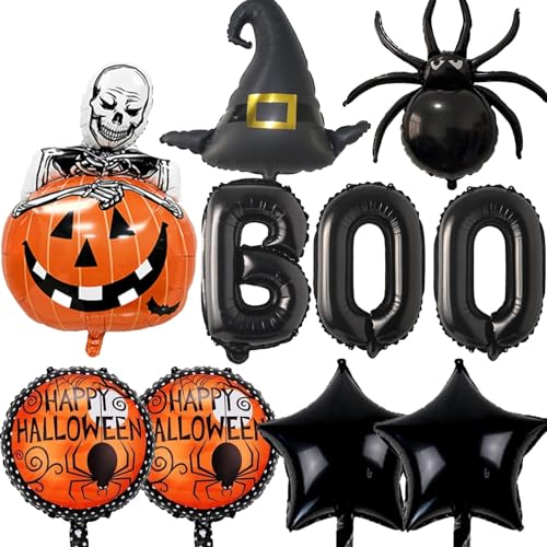 DazzJoy 8 Stück Halloween Folienballon, XXL Spinne Totenkopf Kürbis Luftballon Tiere, Halloween Hexenhut Kinder Deko Luftballons, Halloween Stern Balloons, Halloween BOO Luftballons für Horror Deko von Dazzjoy