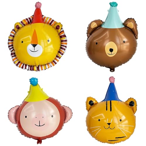 DazzJoy 4 Stück Luftballon Tiere Ballons Tierkopf, XXL Folienballon Tiere Geburtstag, Tier Luftballons Tiere Kindergeburtstag Deko, Helium Ballon Tiere für Dschungel Deko Geburtstag, Party Animals von Dazzjoy