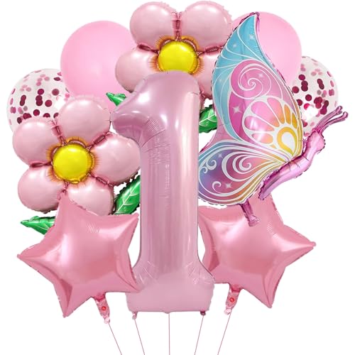 DazzJoy Geburtstagsdeko 1 Jahr Mädchen, Schmetterlinge Luftballon Deko 1. Geburtstag Rosa, Konfetti Ballon 1 Geburtstag, Schmetterling Helium Ballon 1. Geburtstag Mädchen, Erster Geburtstag Mädchen von Dazzjoy