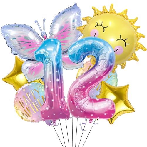 Sonne Schmetterling Folienballon 12 Jahre Geburtstag Deko,Schmetterlinge Geburtstagsdeko 12 Jahre Mädchen,Schmetterling Luftballon 12. Geburtstag,Kindergeburtstag Deko für Schmetterling Themen Party von Dazzjoy