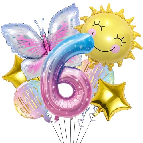 Sonne Schmetterling Folienballon 6 Jahre Geburtstag Deko,Schmetterlinge Geburtstagsdeko 6 Jahre Mädchen,Schmetterling Deko Luftballon 6. Geburtstag,Kindergeburtstag Deko für Schmetterling Themen Party von DazzJoy