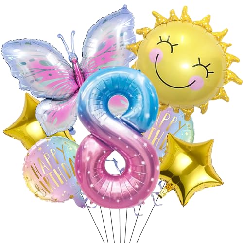 Sonne Schmetterling Folienballon 8 Jahre Geburtstag Deko,Schmetterlinge Geburtstagsdeko 8 Jahre Mädchen,Schmetterling Deko Luftballon 8. Geburtstag,Kindergeburtstag Deko für Schmetterling Themen Party von DazzJoy