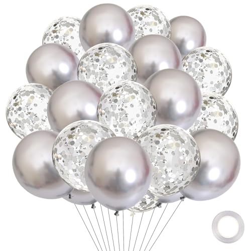 Luftballons Silber, 30 Stk 12 Zoll Konfetti Ballons Silber, Metallic Silber Helium Ballon Silberhochzeit Deko, Luftballons Geburtstag für Babyparty, Neujahr, Graduierung, Jubiläum Deko Silberhochzeit von Dazzjoy