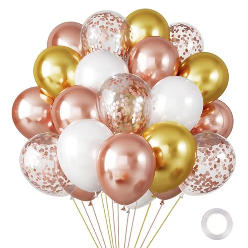 Luftballons Rosegold Gold Weiß,10 Stk 12 Zoll Gold Rosegold Luftballons Geburtstag,Metallic Rosegold Konfetti Ballons für Mädchen Geburtstag, Boho Hochzeit, Babyparty, Brautparty, Jubiläum Dekoration von Dazzjoy