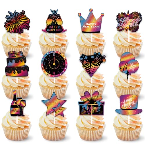 DazzJoy 12 Stk Tortendeko Silvester Deko 2025,Happy New Year Cupcake Toppers,Happy New Year Cake Topper,2025 Silvester Kuchen Deko,Frohes Neues Jahr Deko,Neujahr Deko 2025 für Silvesterpartydeko von Dazzjoy