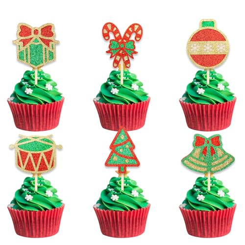 DazzJoy 12 Stk Weihnachten Cupcake Topper,Glitter Muffin Deko Weihnachten,Tortendeko Weihnachten,Kuchen Deko Weihnachten,Weihnachtsglocken Deko für Kuchen Weihnachten von Dazzjoy