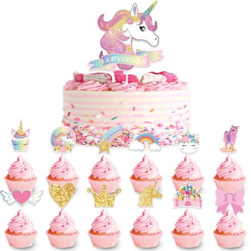 DazzJoy 13 Stk Einhorn Tortendeko Mädchen,Happy Birthday Tortendeko Geburtstag,Einhorn Kuchendeko Geburtstag,Happy Birthday Cake Topper Geburtstag,Einhorn Cupcake Toppers,Regenbogen Tortendeko von Dazzjoy