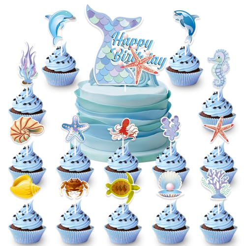 DazzJoy 15 Stk Meerjungfrau Tortendeko Geburtstag,Happy Birthday Tortendeko Meerjungfrau,Happy Birthday Cake Topper Geburtstag,Meerestiere Cupcake Toppers Geburtstag,Ozean Thema Muffin Deko von Dazzjoy