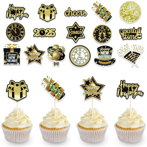 DazzJoy 16 Stk 2025 Tortendeko Happy New Year Kuchendeko,Tortendeko Silvester Deko 2025 Cake Topper Neujahr,2025 Silvester Kuchen Deko,Silvester Party Deko 2025,Happy New Year Cupcake Topper von Dazzjoy