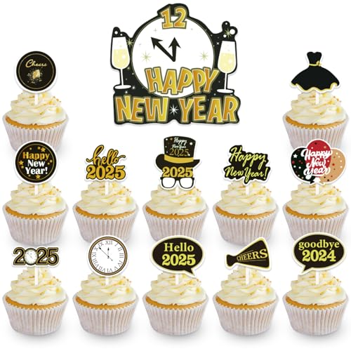 DazzJoy 16 Stk Happy New Year Cupcake Toppers,Schwarz Gold Tortendeko 2025 Silvester Deko,2025 Tortendeko Happy New Year,Kuchendeko Neujahr Deko,Hello 2025 Kuchen Deko für Silvester Party von Dazzjoy