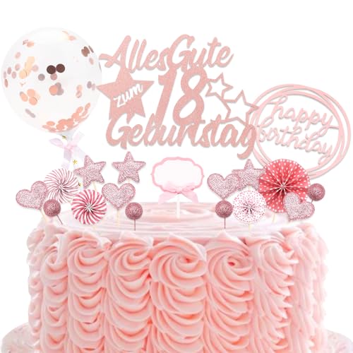 Dazzjoy 23 Stk Rosa Tortendeko 18 Geburtstag Mädchen,Glitter Cake Topper 18 Geburtstag Deko,Torten Deko zum 18 Geburtstag,Kuchendeko 18. Geburtstag Mädchen,Alles Gute zum 18 Geburtstag von Dazzjoy