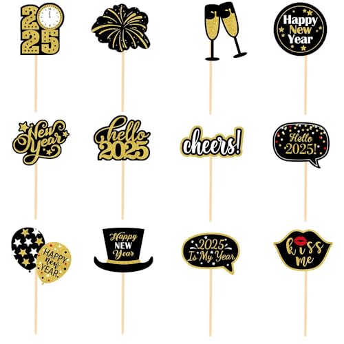 DazzJoy 24 Stk 2025 Neujahr Tortendeko Happy New Year,Happy New Year Cupcake Topper Silvester Party Deko 2025,Tortendeko Silvester,2025 Silvester Kuchen Deko,Neujahr Kuchendeko 2025,Hello 2025 Deko von Dazzjoy