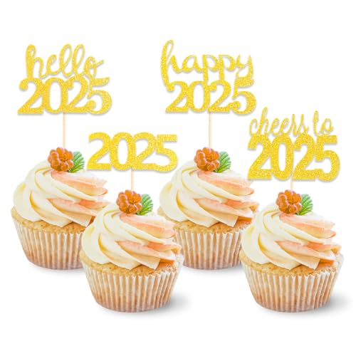 DazzJoy 24 Stk Glitter 2025 Tortendeko Happy New Year,Gold Silvester Deko Cupcake Topper,Silvester Cake Topper Happy New Year,Cake Topper 2025 Neujahr Kuchen Deko Silvester 2025,Hello 2025 Deko Torte von Dazzjoy