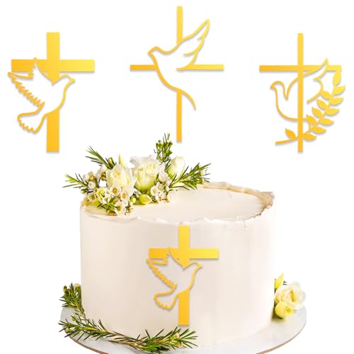 DazzJoy 3 Stück Cake Topper Taufe Kreuz,Acryl Firmung Tortendeko Taufe Mädchen,Taufe Tortendeko Gold,Firmung Deko Torten,Konfirmation Tortendeko Kreuz,Kommunion Tortendeko,Hochzeit,Babyparty von Dazzjoy