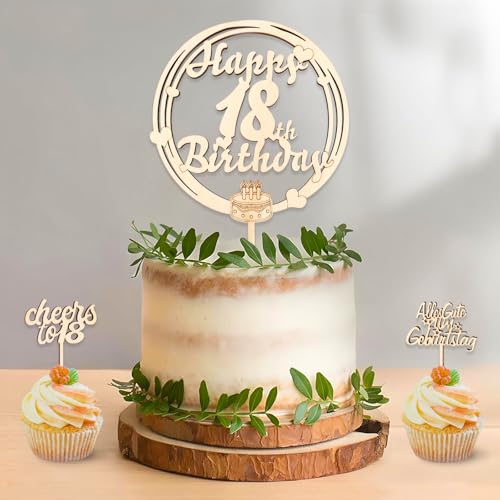 DazzJoy 3 Stück Holz Tortendeko 18 Geburtstag Junge Mädchen,Cake Topper 18 Geburtstag Deko,Happy 18th Birthday Torten Deko,Kuchendeko 18. Geburtstag Junge,Alles Gute zum 18 Geburtstag von Dazzjoy