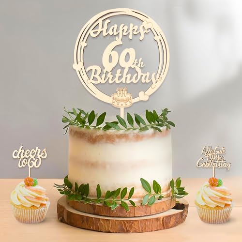 DazzJoy Holz Tortendeko 60 Geburtstag Frau Mann,Torten Deko 60 Geburtstag Frau,Happy 60 Birthday Tortendeko,Cake Topper 60. Geburtstag Deko,Kuchen Deko zum 60 Geburtstag,60 Geburtstag Frau Deko von Dazzjoy