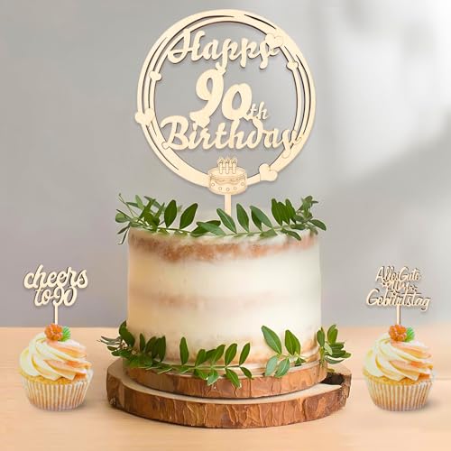 DazzJoy Holz Tortendeko 90. Geburtstag Frau,Kuchendeko 90. Geburtstag Mann,90 Geburtstag Cake Topper,Happy 90th Birthday Tortendeko,Torten Deko 90 Geburtstag,Kuchen Deko Geburtstag 90 Jahre von Dazzjoy