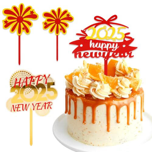 DazzJoy 4 Stk Acryl 2025 Tortendeko Happy New Year,Happy New Year Cake Topper 2025,Kuchendeko Silvester Deko,2025 Neujahr Kuchen Deko,Cake Dekorationen für Silvester Party,Tortendeko Silvester 2025 von Dazzjoy