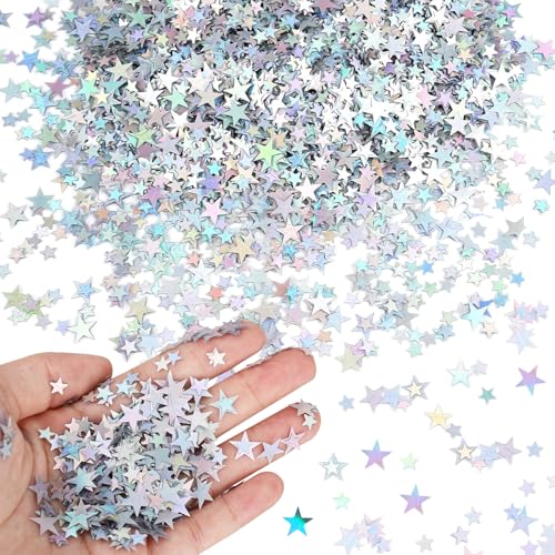 DazzJoy 4000 Stk Glitzer Streudeko Sterne Konfetti Weihnachten,2 Größen Sterne Deko Silber,Weihnachtskonfetti Deko Sterne, Glitzersterne Streudeko Silvester,Bunt Pailletten Stern Tischdeko Streusterne von Dazzjoy