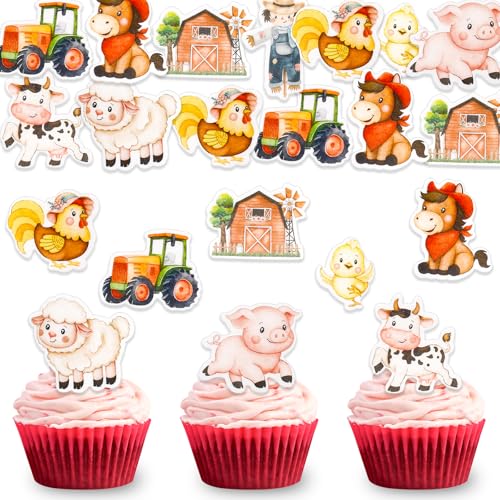 DazzJoy 45 Stück Essbare Tortendeko Bauernhof Geburtstag Deko,Bauernhof Muffin Deko Essbar,Esspapier Tortendeko Traktor,Tiere Cupcake Topper Essbar,Bauernhof Deko Geburtstag,Tiere Kuchen Deko Essbar von Dazzjoy