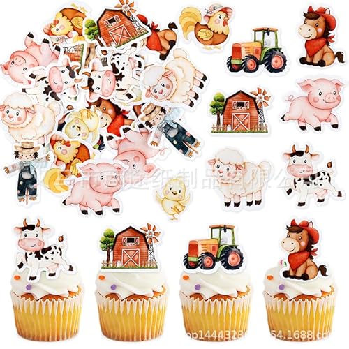 DazzJoy 45 Stück Essbare Tortendeko Bauernhof Geburtstag Deko,Bauernhof Muffin Deko Essbar,Esspapier Tortendeko Traktor,Tiere Cupcake Topper Essbar,Bauernhof Deko Geburtstag,Tiere Kuchen Deko Essbar von Dazzjoy