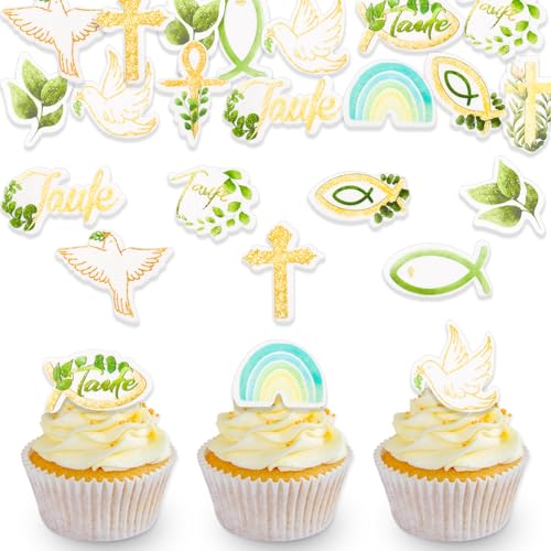 DazzJoy 48 Stück Essbare Tortendeko Taufe Deko Mädchen,Essbare Cake Topper Taufe,Esspapier Taufe Tortendeko,Essbare Deko Taufe,Taufe Muffin Deko Essbar,Kreu Cupcake Topper Taufe Kuchen Deko Essbar von Dazzjoy