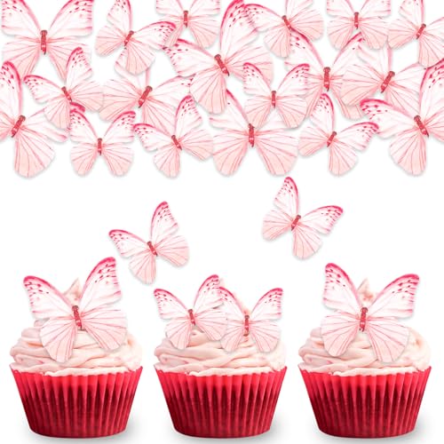 DazzJoy 50 Stück Rosa Schmetterling Kuchen Deko Essbar,Essbare Schmetterlinge Deko Torte,Essbare Tortendeko Schmetterling,Esspapier Tortendeko Essbar Mädchen,Schmetterlinge Muffin Deko Essbar von Dazzjoy