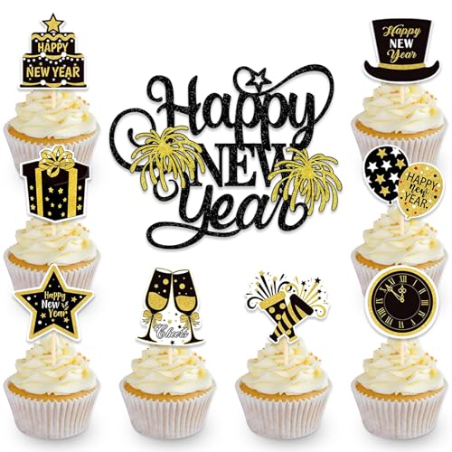 DazzJoy 9 Stk Happy New Year Tortendeko,Silvester Kuchen Deko Neujahr,Happy New Year Cupcake Topper,Kuchendeko Silvester Deko,Happy New Year Cake Topper,Silvester Tortendeko Neujahr von Dazzjoy