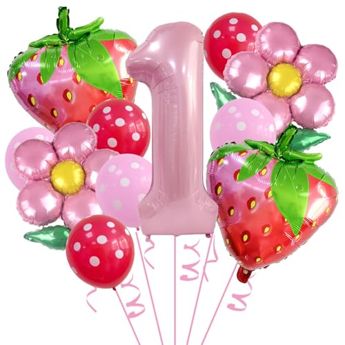 DazzJoy Erdbeer Geburtstagsdeko 1 Jahr Mädchen, Deko 1. Geburtstag Mädchen, Rosa Luftballon 1. Geburtstag Deko Set mit Folienballon Zahl 1 und Erdbeer Ballons, Erster Geburtstag Mädchen Deko Geschenk von Dazzjoy