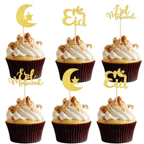 DazzJoy Eid Mubarak Tortendeko 24 Stück Ramadan Kuchendeko,Glitzer Eid Mubarak Cupcake Topper Gold Tortenaufsatz,Stern Mond Cake Topper,Eid Mubarak Kuchen Topper für Eid Islamische Party Ramadan Deko von Dazzjoy