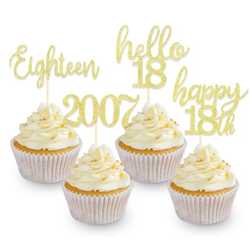 DazzJoy 24 Stk Glitzer Cupcake Topper 18. Geburtstag,Gold Tortendeko 18 Geburtstag Junge Mädchen,Torten Deko 18. Geburtstag Junge,Hello 18 Kuchendeko,Muffin Deko Geburtstag 18,Geburtstagsdeko 18 von Dazzjoy