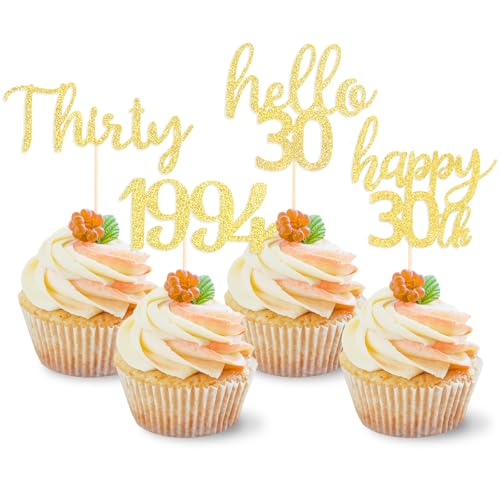 DazzJoy 24 Stk Glitzer Tortendeko 30 Geburtstag Frau Mann,Gold Cupcake Topper 30 Geburtstag Frauen Deko,Cake Topper 30. Geburtstag,Muffin Deko 30 Geburtstag,Happy 30th Birthday Kuchendeko,Hello 30 von Dazzjoy