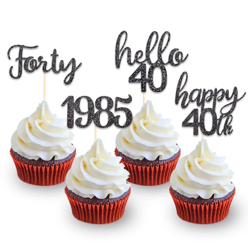 DazzJoy 24 Stk Glitzer Tortendeko 40 Geburtstag Mann Frau,Cupcake Topper 40. Geburtstag Männer,Cake Topper 40 Geburtstag Deko Schwarz,Kuchendeko 40 Geburtstag Frauen Deko,Hello 40 Torten Deko von Dazzjoy