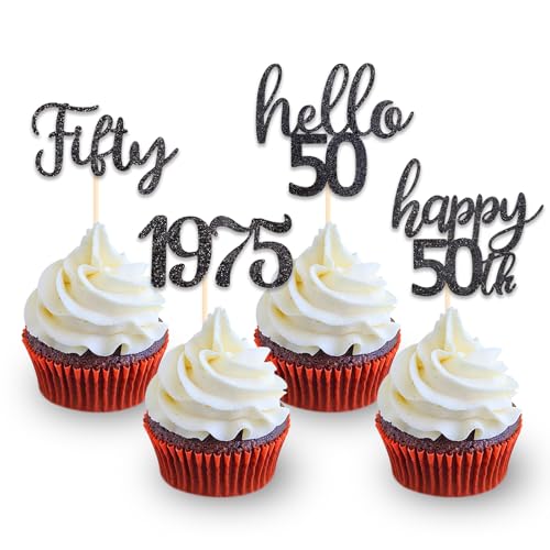 DazzJoy 24 Stk Glitzer Cupcake Topper 50 Geburtstag Deko,Schwarz Tortendeko 50 Geburtstag Frau,Happy 50th Birthday Cake Topper,Kuchendeko 50. Geburtstag Mann,Tortendeko 50. Geburtstag Mann,Hello 50 von Dazzjoy