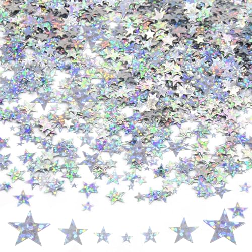 DazzJoy 6000 Stk Glitzer Streudeko Sterne Konfetti Weihnachten,4 Größen Sterne Deko Silber,Weihnachtskonfetti Deko Sterne, Glitzersterne Streudeko Silvester,Bunt Pailletten Stern Tischdeko Streusterne von Dazzjoy