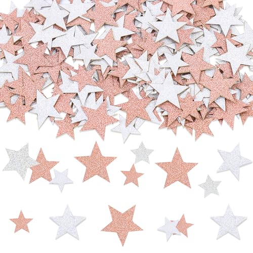 DazzJoy Glitzer Sterne Konfetti Silber Rosa Groß,200 Stk Glitzersterne Streudeko Weihnachten,Pailletten Stern Tischdeko Silvester,2 Größen Sterne Deko,Streusterne Konfetti Geburtstag Hochzeit Karneval von Dazzjoy