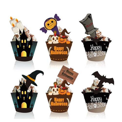 DazzJoy Halloween Papier Cupcake Topper,24 Stück Halloween Wrapper Topper,Fledermäuse Kuchen Deko Halloween,Grabsteine Muffinförmchen Wrappers,Horror Muffins Deko Verpackung für Halloween Party Deko von Dazzjoy