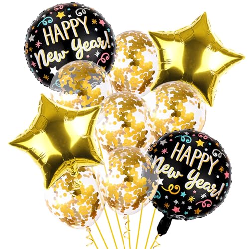 DazzJoy Silvester Deko 2025 Luftballons Set, 10 Stück Happy New Year 2025 Ballons, Luftballon Schwarz Gold Silvester Deko 2025 Party Set, Neujahr Deko Helium Ballon für 2025 Neues Jahr Party Deko von Dazzjoy