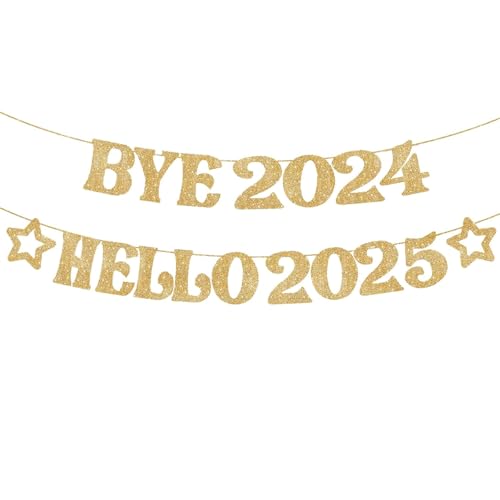 Happy New Year Girlande Gold, Glitzer Silvester Deko 2025 Girlande Banner, Bye 2024 Hello 2025 Happy New Year Deko, Neujahr Deko Girlanden für Silvester Dekoration, 2025 Silvester Party Deko Zubehör von Dazzjoy